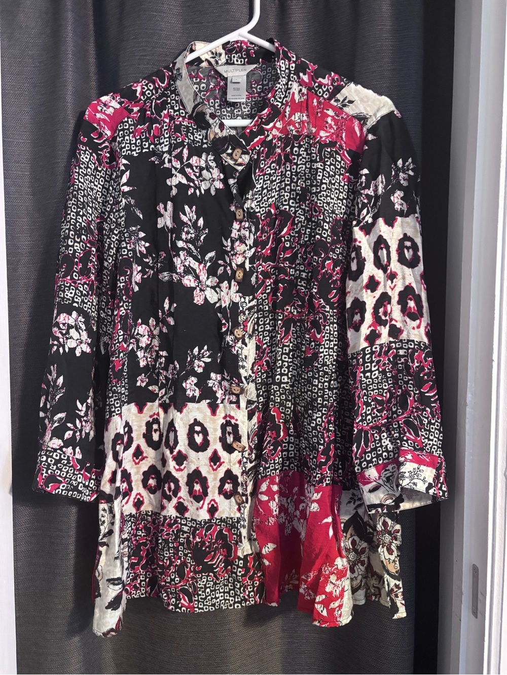 Multiples Mixed Print Button-Front Tunic in Black, Pink, Cream